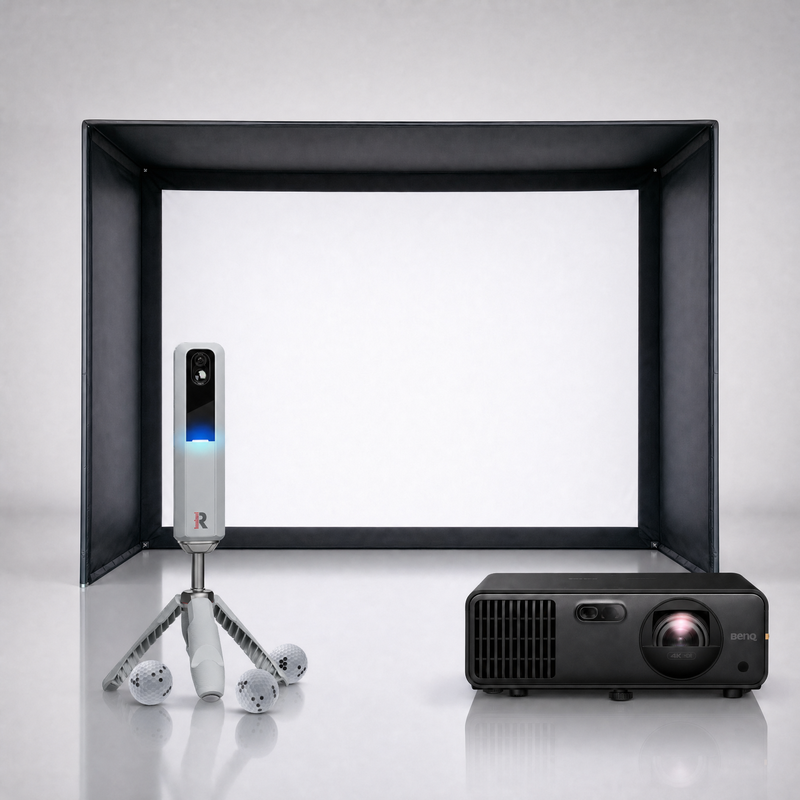 Rapsodo MLM2PRO launch monitor package hero image showing the SIG DIY Golf Simulator Enclosure with a BenQ short-throw projector on a grey studio background.