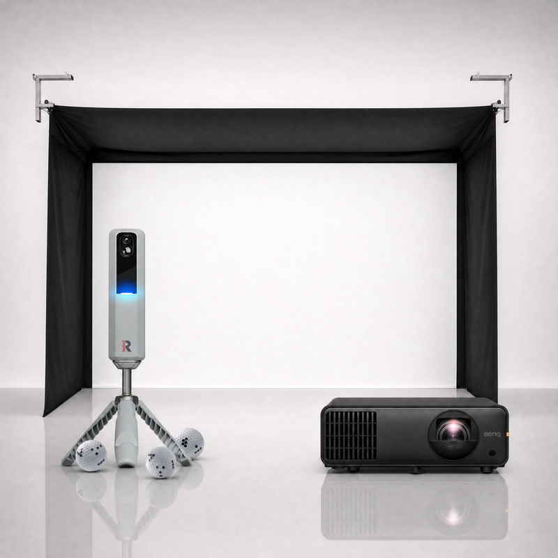 Rapsodo MLM2PRO launch monitor package hero image showing the SportScreen Vanish Golf Simulator Enclosure with a BenQ short-throw projector on a grey studio background.