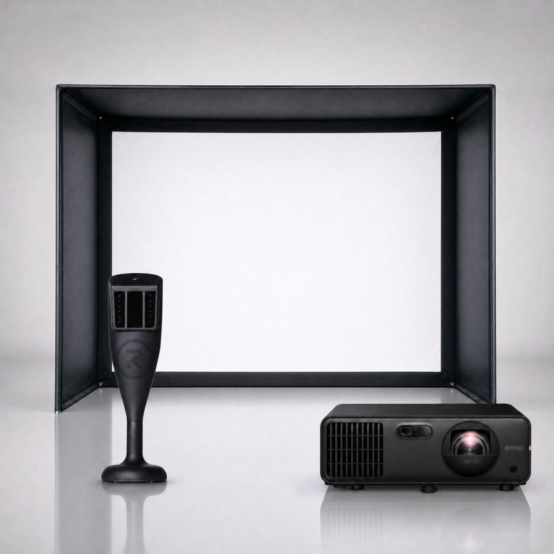 Red Stakes Golf One launch monitor package hero image showing the SIG DIY Golf Simulator Enclosure with a BenQ short-throw projector on a grey studio background.