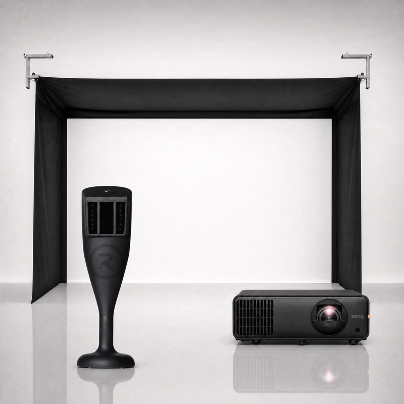 Red Stakes Golf One launch monitor package hero image showing the SportScreen Vanish Golf Simulator Enclosure with a BenQ short-throw projector on a grey studio background.
