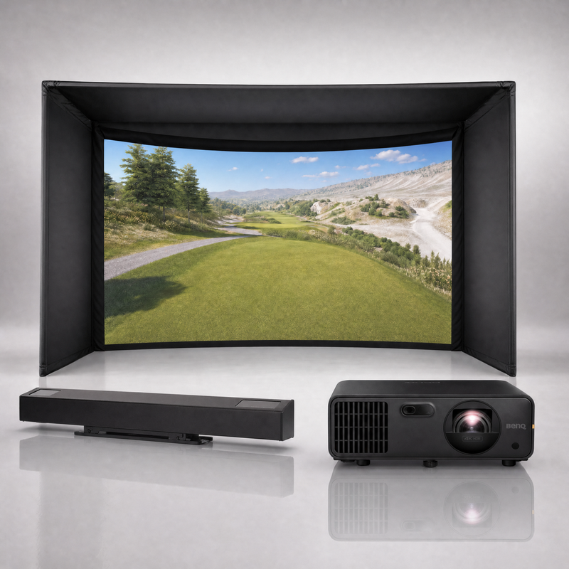 Red Stakes Golf Pro launch monitor package hero image showing the Carl's Place Curved Golf Simulator Enclosure with a BenQ short-throw projector on a grey studio background.