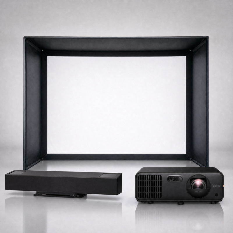 Red Stakes Golf Pro launch monitor package hero image showing the SIG DIY Golf Simulator Enclosure with a BenQ short-throw projector on a grey studio background.