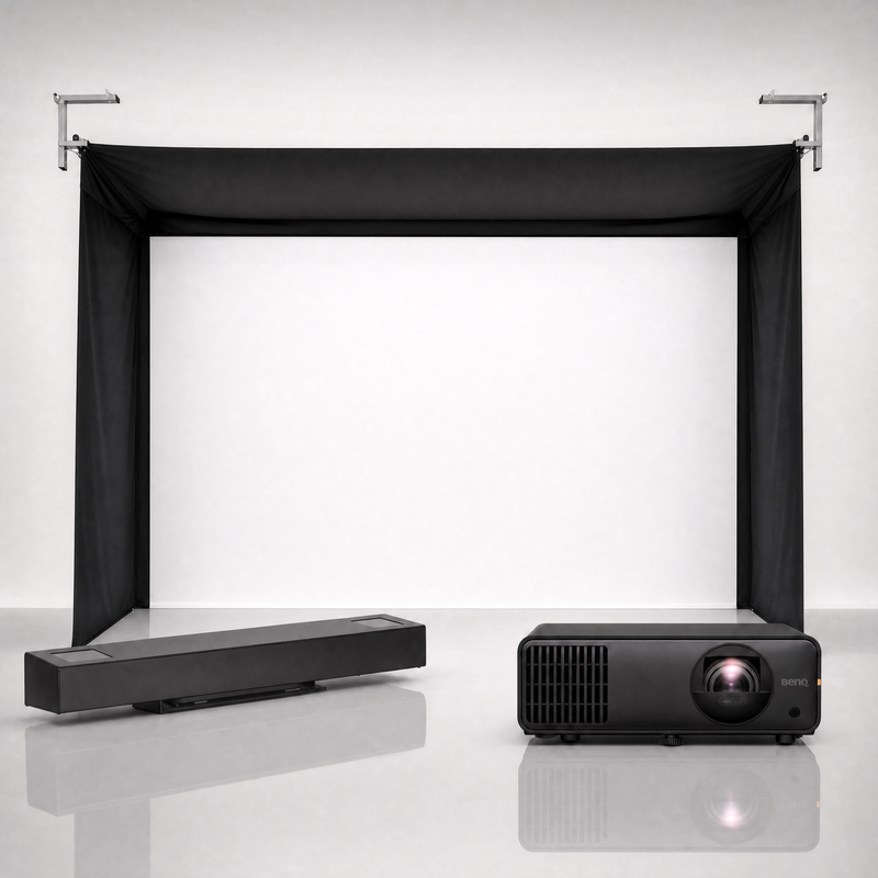 Red Stakes Golf Pro launch monitor package hero image showing the SportScreen Vanish Golf Simulator Enclosure with a BenQ short-throw projector on a grey studio background.