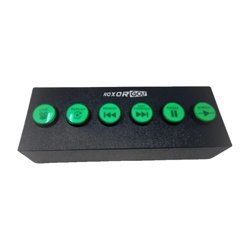 Roxor Golf 6 Button Control Box top view black box with green control buttons and white logo.