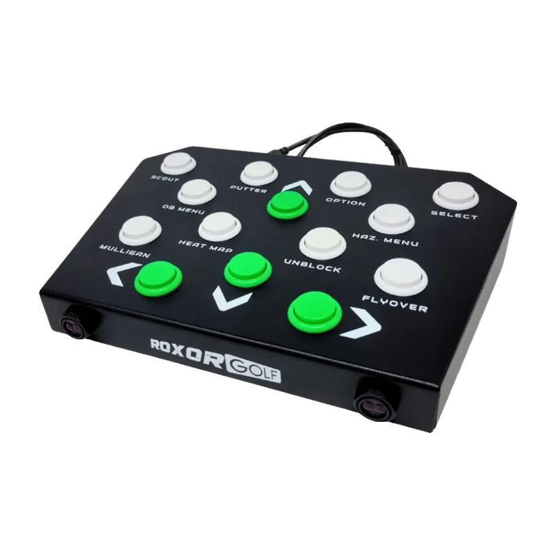 Roxor Golf Mag 14 Control Box angled view showing all labeled buttons and logo.