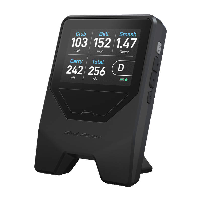Shot Scope LM1 Launch Monitor front angled view with club ball and smash factor data.