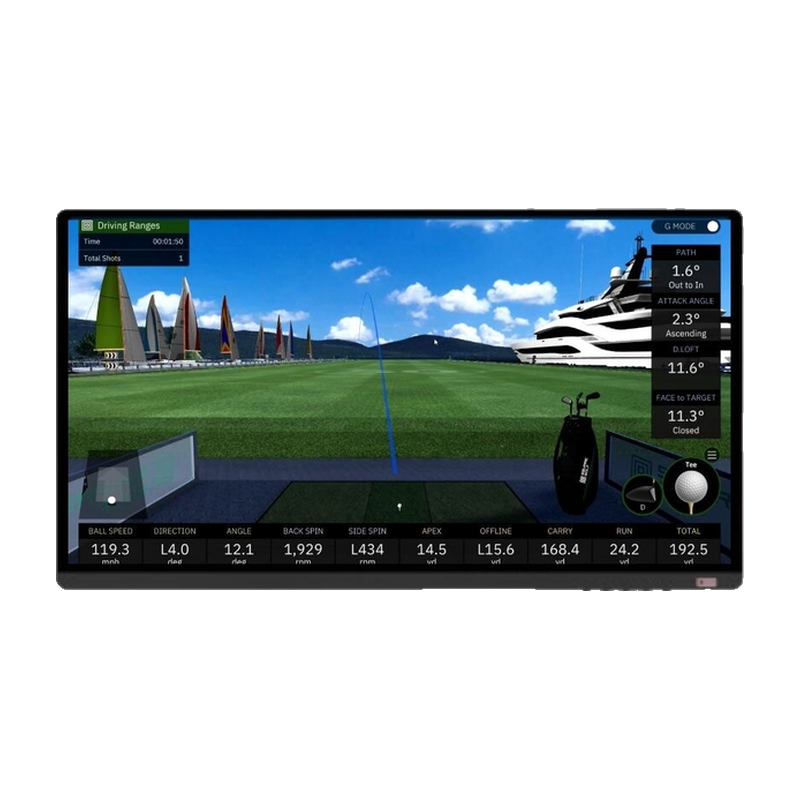 27 inch 4K touch screen monitor displaying a golf simulator driving range.