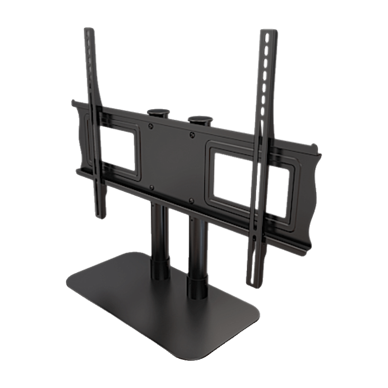 Single Desktop Stand for 32" to 55" Screens angled view of black metal frame on a flat base.
