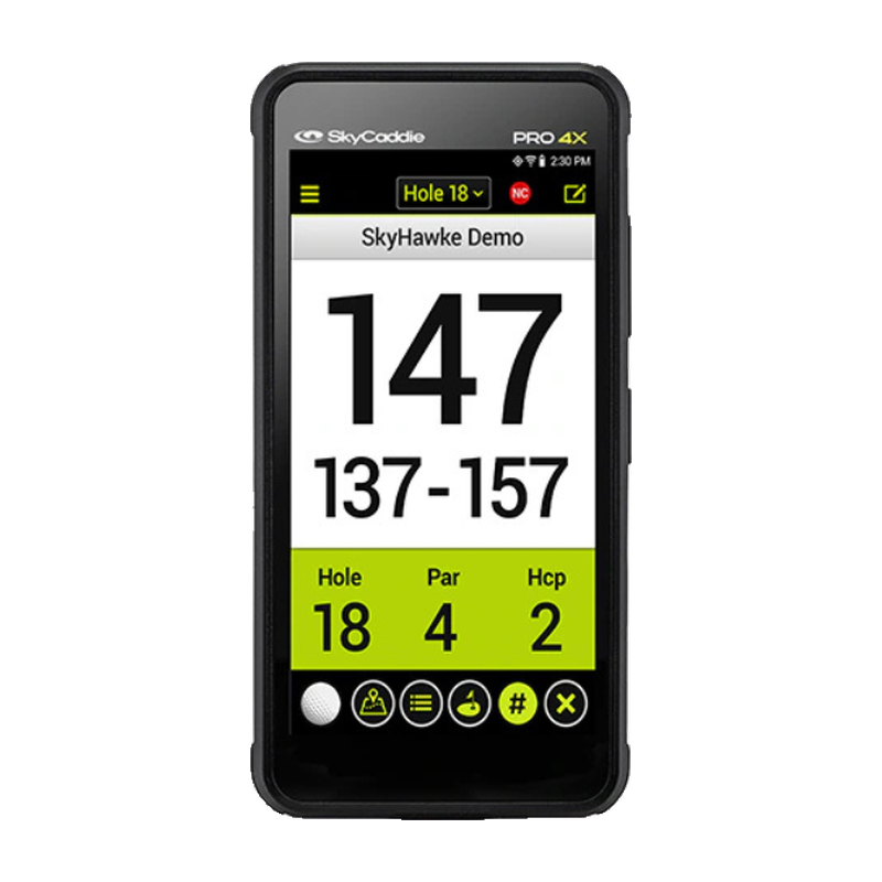 SkyCaddie Pro 4X hole 18 distance display large text on white background.