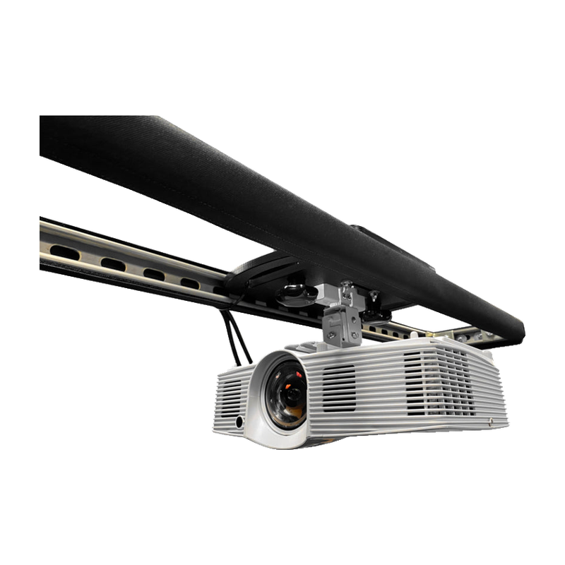 AllSportSystems SkyRail+ Cage Projector Mount projector hanging from sliding rail under enclosure.