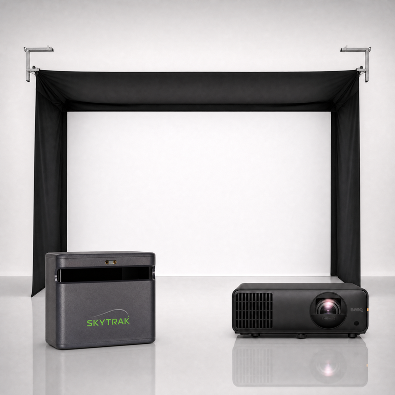 SkyTrak ST MAX launch monitor package hero image showing the SportScreen Vanish Golf Simulator Enclosure with a BenQ short-throw projector on a grey studio background.