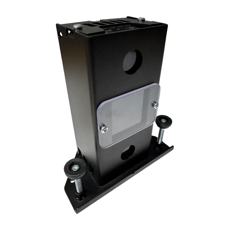 Square Golf Protector angled view black metal frame clear panel.