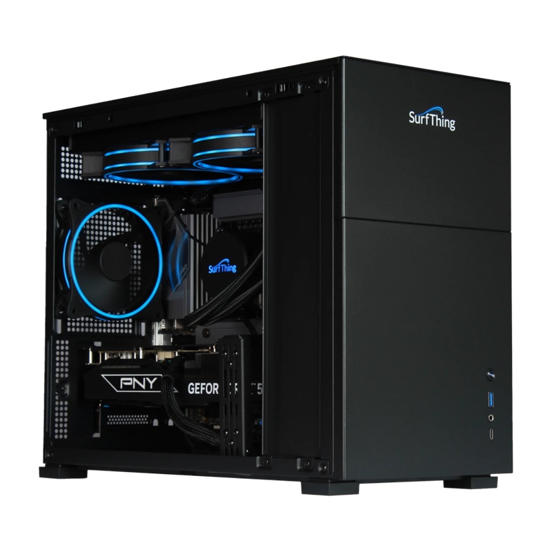 SurfThing SG3-5802 Golf Simulator Computer side open view showing pny geforce rtx inside.