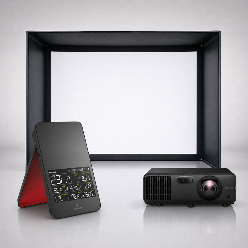 Swing Caddie SC4 PRO launch monitor package hero image showing the SIG DIY Golf Simulator Enclosure with a BenQ short-throw projector on a grey studio background.