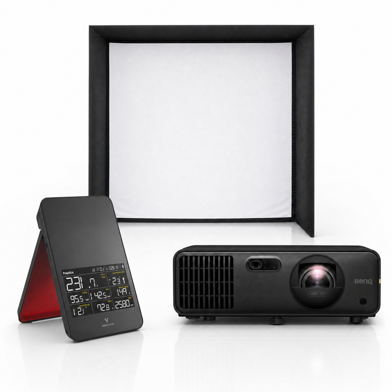 Swing Caddie SC4 PRO launch monitor with SIG enclosure and projector golf simulator package