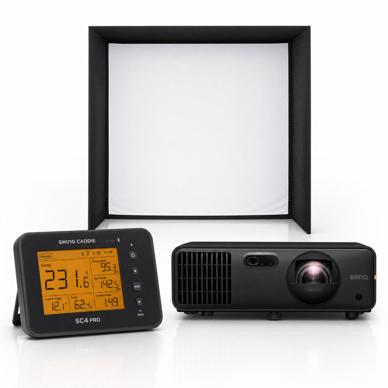 Swing Caddie SC4 PRO launch monitor with SIG enclosure and projector golf simulator package