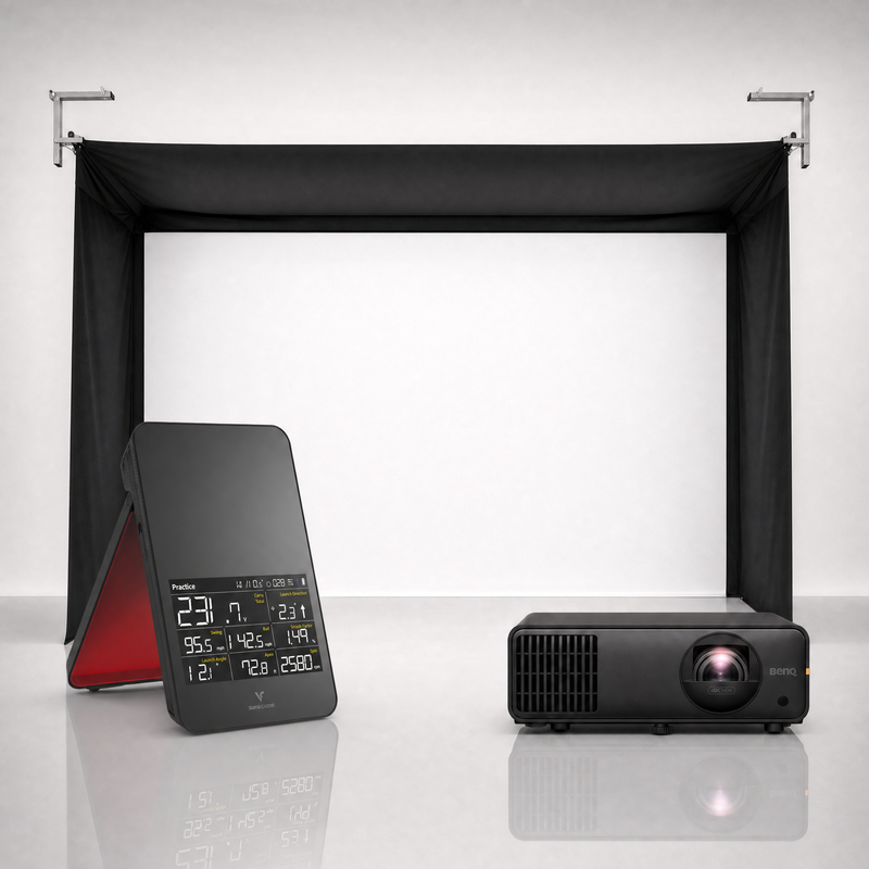 Swing Caddie SC4 PRO launch monitor package hero image showing the SportScreen Vanish Golf Simulator Enclosure with a BenQ short-throw projector on a grey studio background.