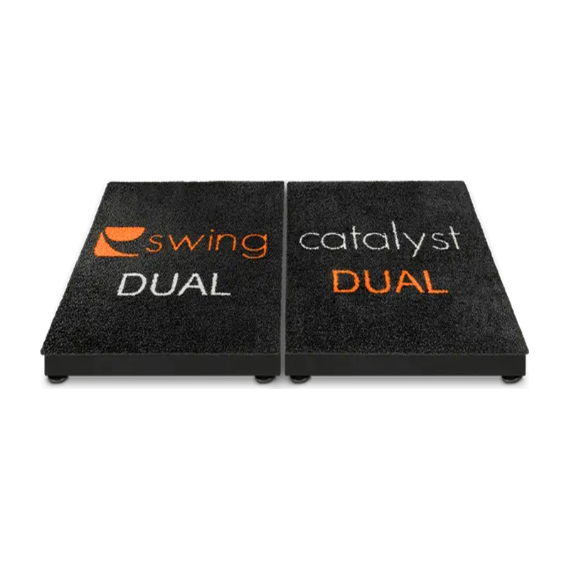Swing Catalyst Dual Motion Plate with a top view of the black platform featuring orange and white text.