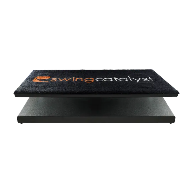 Swing Catalyst Single Motion Plate with front view of black sensor plate and Swing Catalyst logo.