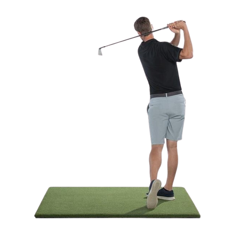 SwingTurf Golf Hitting Mat 5' x 5' with left handed golfer.