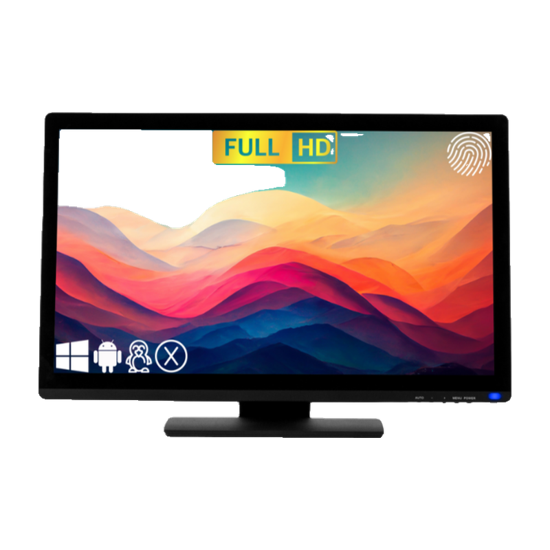 Touch Screen Guru 24" FHD 24/7 Touch Screen Monitor front display colorful full hd logos.