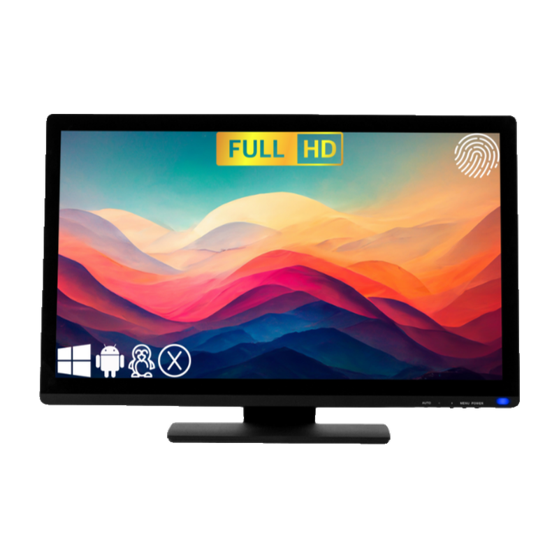 Touch Screen Guru 24" FHD 24/7 Touch Screen Monitor front display colorful full hd logos.