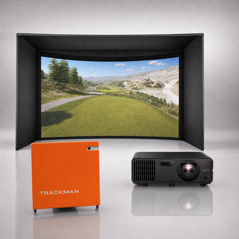 Trackman 4 launch monitor package hero image showing the Carl's Place Curved Golf Simulator Enclosure with a BenQ short-throw projector on a grey studio background.