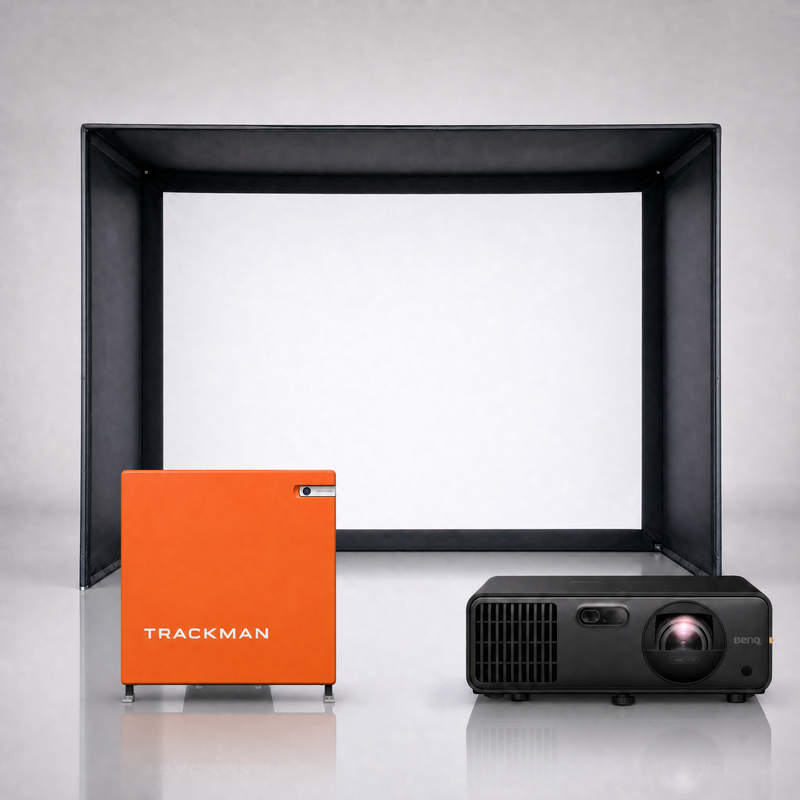 Trackman 4 launch monitor package hero image showing the SIG DIY Golf Simulator Enclosure with a BenQ short-throw projector on a grey studio background.