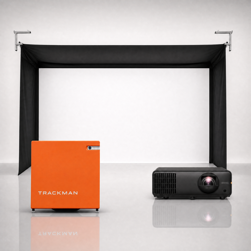 Trackman 4 launch monitor package hero image showing the SportScreen Vanish Golf Simulator Enclosure with a BenQ short-throw projector on a grey studio background.