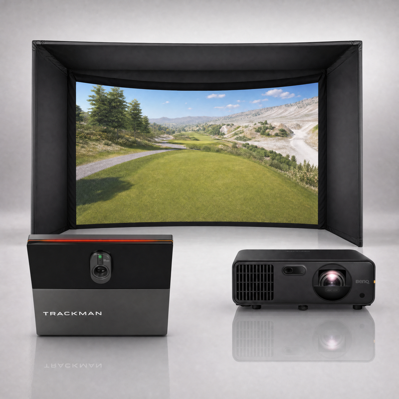 Trackman iO Commercial launch monitor package hero image showing the Carl's Place Curved Golf Simulator Enclosure with a BenQ short-throw projector on a grey studio background.