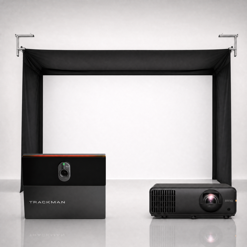 Trackman iO Commercial launch monitor package hero image showing the SportScreen Vanish Golf Simulator Enclosure with a BenQ short-throw projector on a grey studio background.