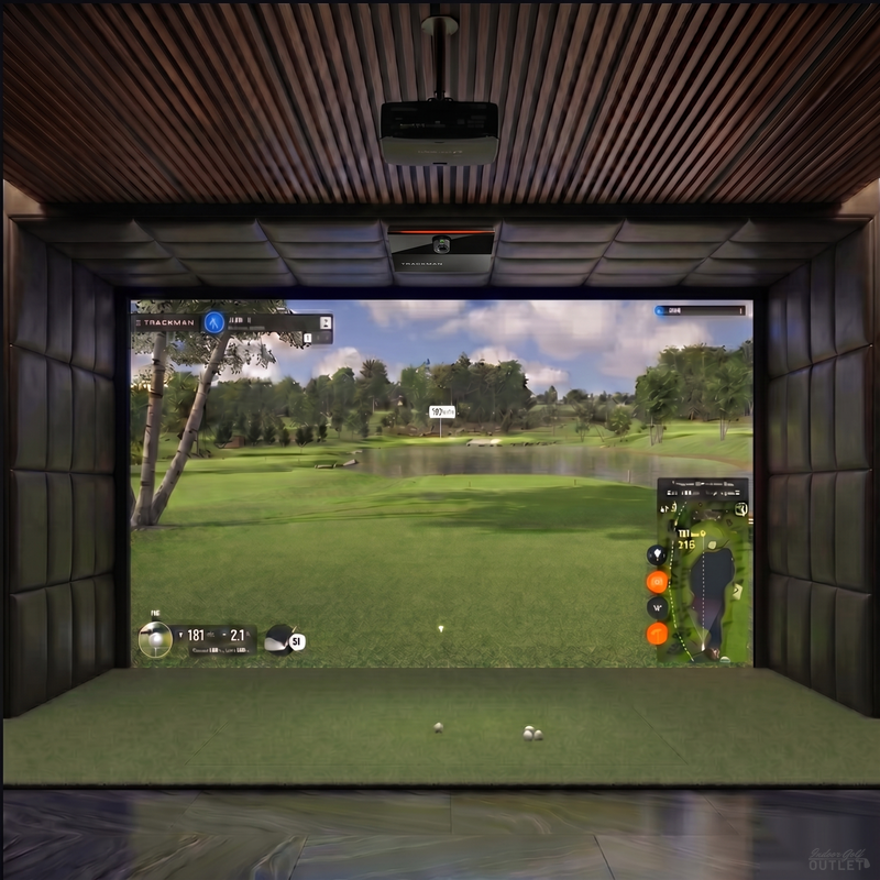 Trackman iO Home Complete custom installed golf simulator room with leatherette wall and ceiling padding.
