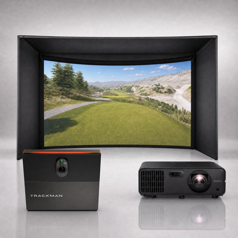 Trackman iO Home Complete (Ball & Club Data) launch monitor package hero image showing the Carl's Place Curved Golf Simulator Enclosure with a BenQ short-throw projector on a grey studio background.