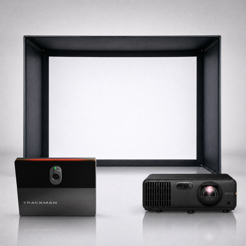 Trackman iO Home Complete (Ball & Club Data) launch monitor package hero image showing the SIG DIY Golf Simulator Enclosure with a BenQ short-throw projector on a grey studio background.