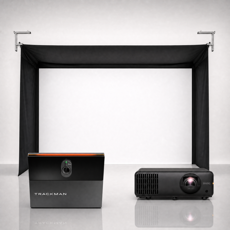 Trackman iO Home Complete (Ball & Club Data) launch monitor package hero image showing the SportScreen Vanish Golf Simulator Enclosure with a BenQ short-throw projector on a grey studio background.