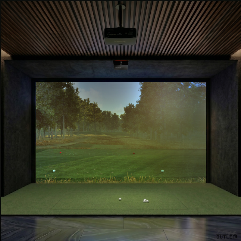 Trackman iO Home custom installed golf simulator room with acoustic carpet wall and ceiling padding.