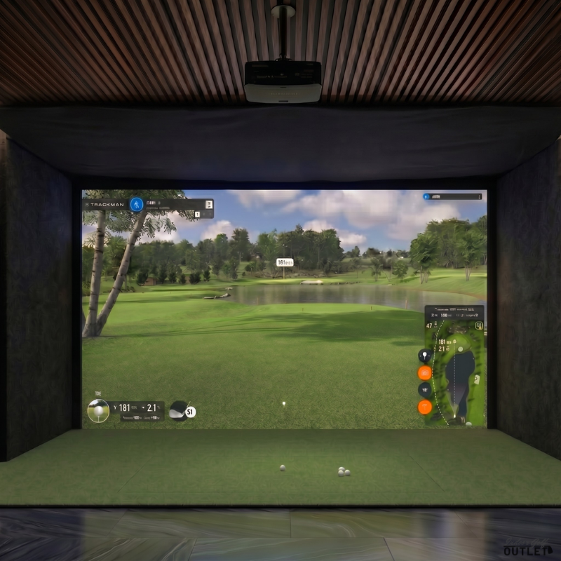 Trackman iO Home custom installed golf simulator room with acoustic carpet wall padding and mesh ceiling.