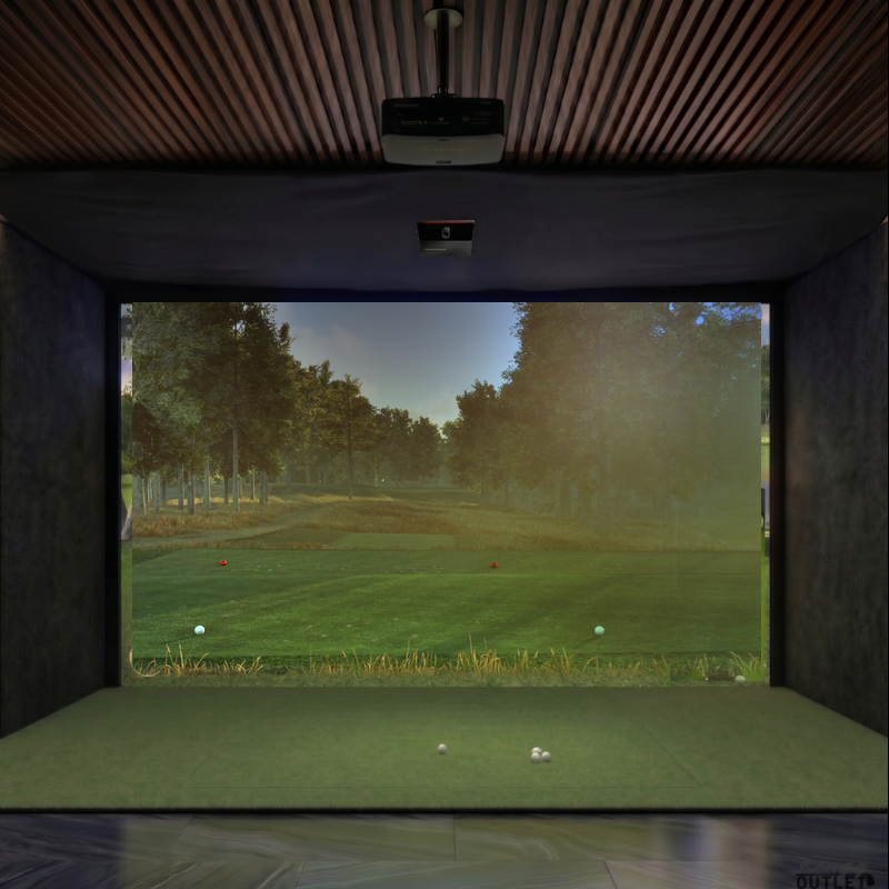 Trackman iO Home custom installed golf simulator room with acoustic carpet wall padding and mesh ceiling.