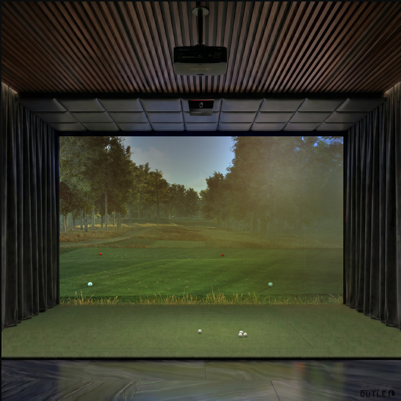 Trackman iO Home custom installed golf simulator room with wall curtains and leatherette ceiling padding.
