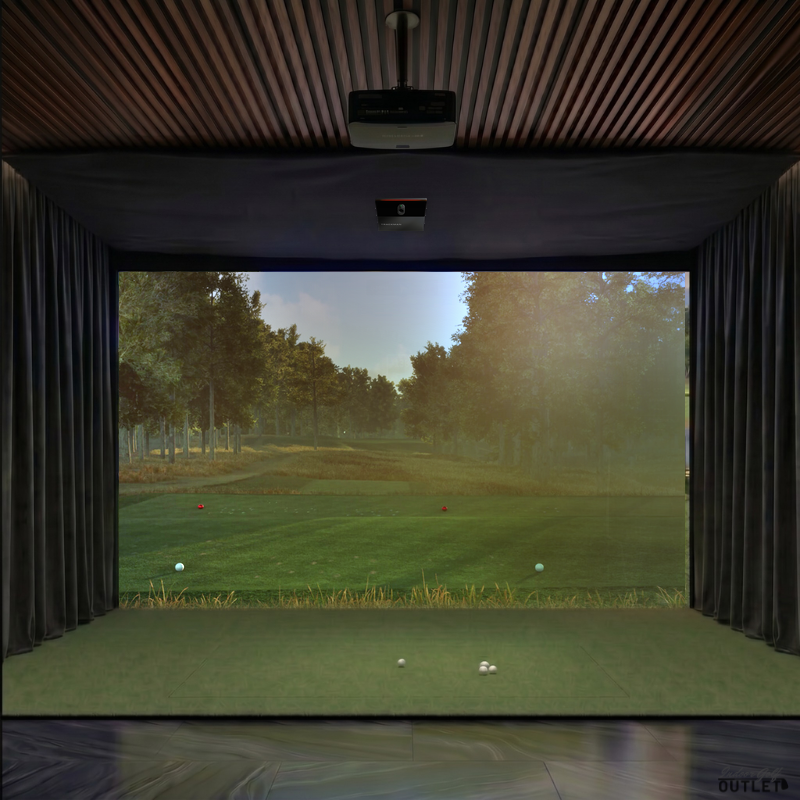 Trackman iO Home custom installed golf simulator room with wall curtains and mesh ceiling.