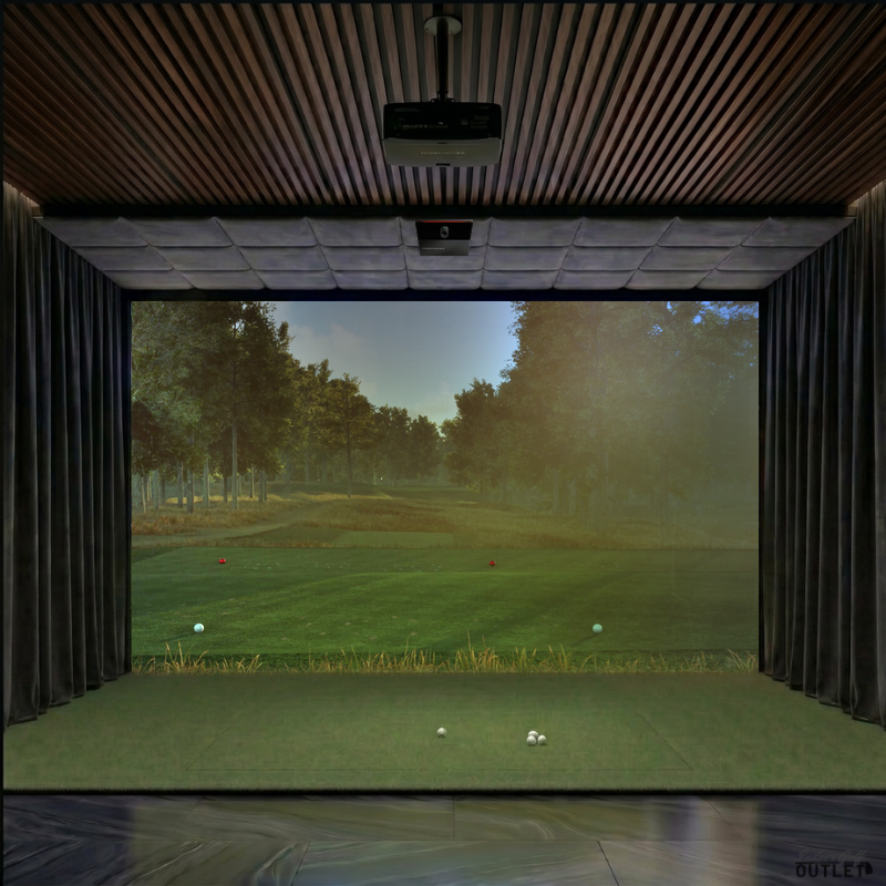 Trackman iO Home custom installed golf simulator room with wall curtains and velvet ceiling padding.