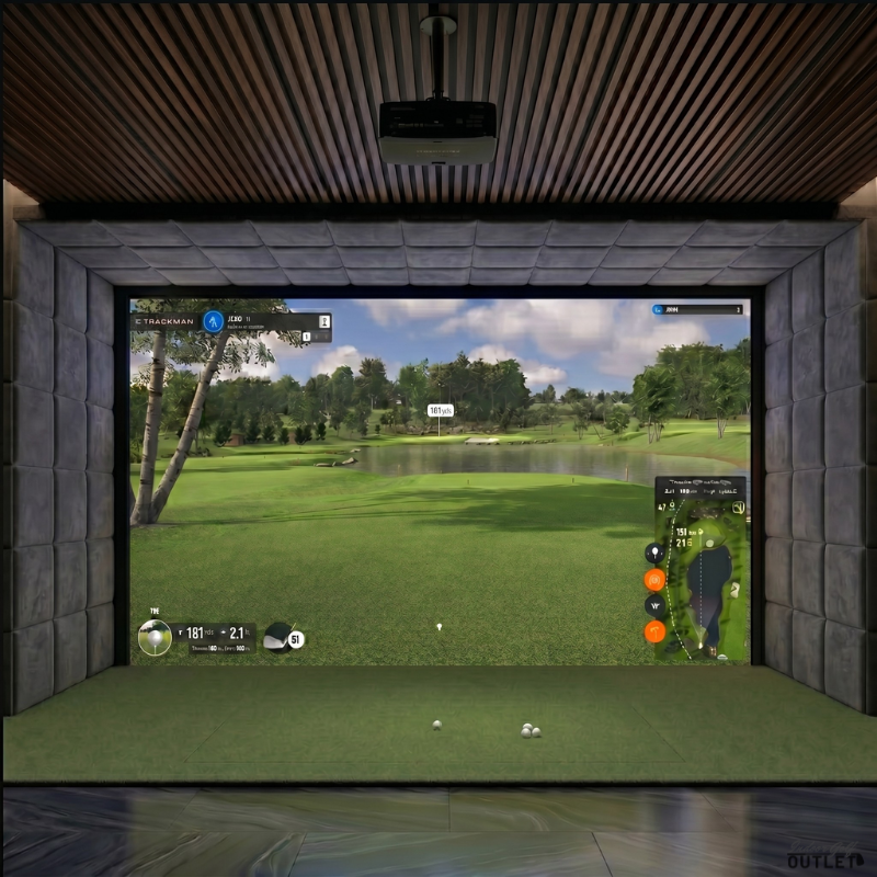 Trackman iO Home custom installed golf simulator room with velvet wall and ceiling padding.