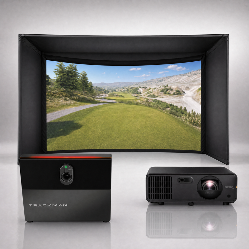 Trackman iO Home launch monitor package hero image showing the Carl's Place Curved Golf Simulator Enclosure with a BenQ short-throw projector on a grey studio background.
