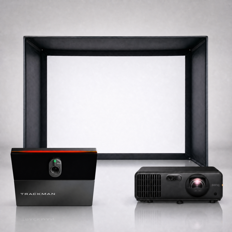 Trackman iO Home launch monitor package hero image showing the SIG DIY Golf Simulator Enclosure with a BenQ short-throw projector on a grey studio background.