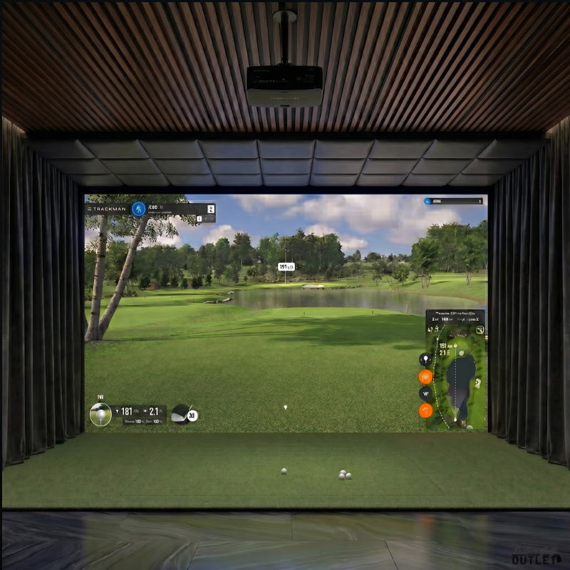 TruGolf APOGEE custom installed golf simulator room with wall curtains and leatherette ceiling padding.