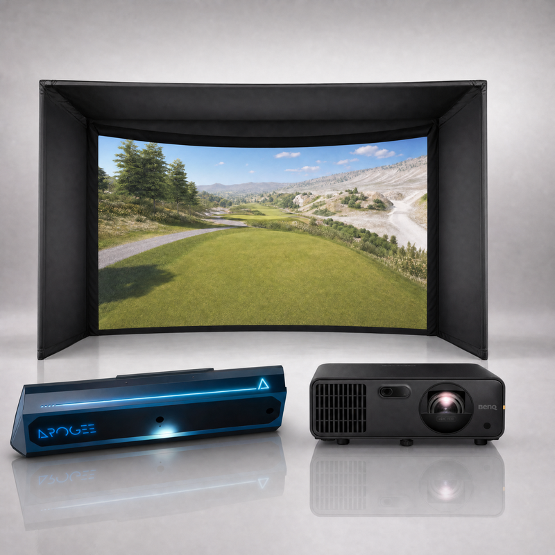 TruGolf APOGEE launch monitor package hero image showing the Carl's Place Curved Golf Simulator Enclosure with a BenQ short-throw projector on a grey studio background.