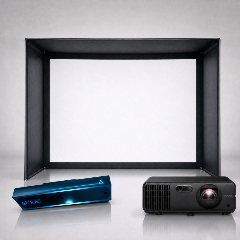 TruGolf APOGEE launch monitor package hero image showing the SIG DIY Golf Simulator Enclosure with a BenQ short-throw projector on a grey studio background.