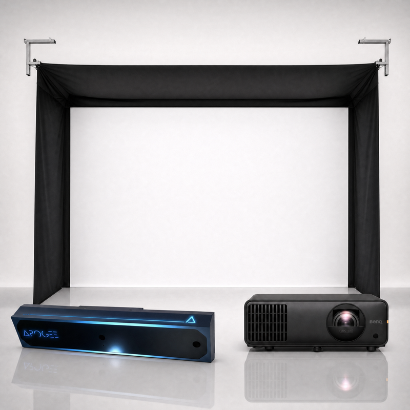 TruGolf APOGEE launch monitor package hero image showing the SportScreen Vanish Golf Simulator Enclosure with a BenQ short-throw projector on a grey studio background.