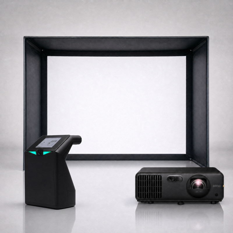 TruGolf LaunchBox launch monitor package hero image showing the SIG DIY Golf Simulator Enclosure with a BenQ short-throw projector on a grey studio background.