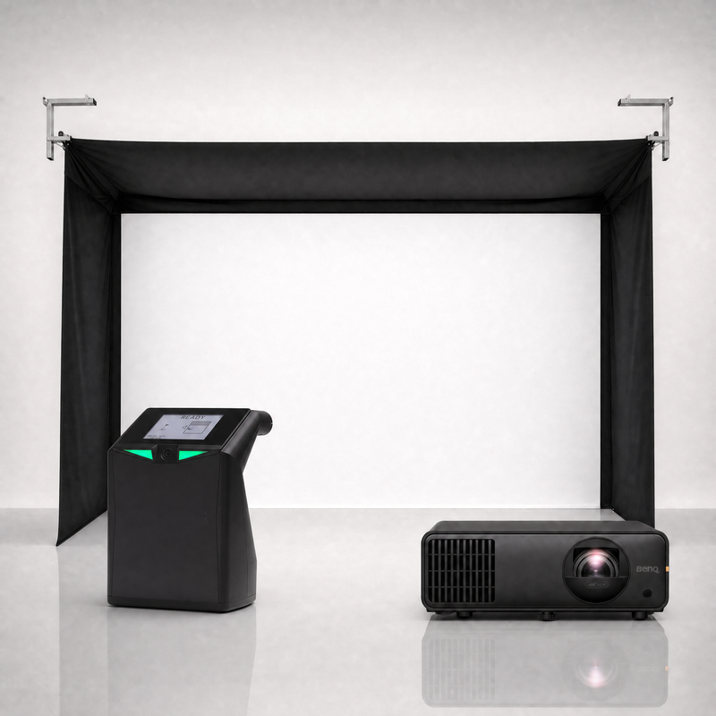 TruGolf LaunchBox launch monitor package hero image showing the SportScreen Vanish Golf Simulator Enclosure with a BenQ short-throw projector on a grey studio background.